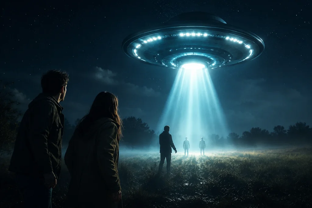 UFO hovering over a dark field with a bright beam of light as people watch during an unexplained encounter experience.