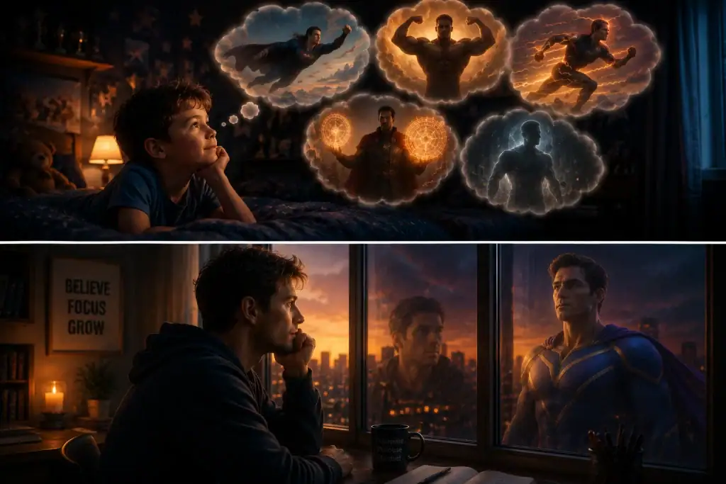 A boy imagines different superpowers while his adult self looks into a window and sees a confident superhero version of himself reflected back.